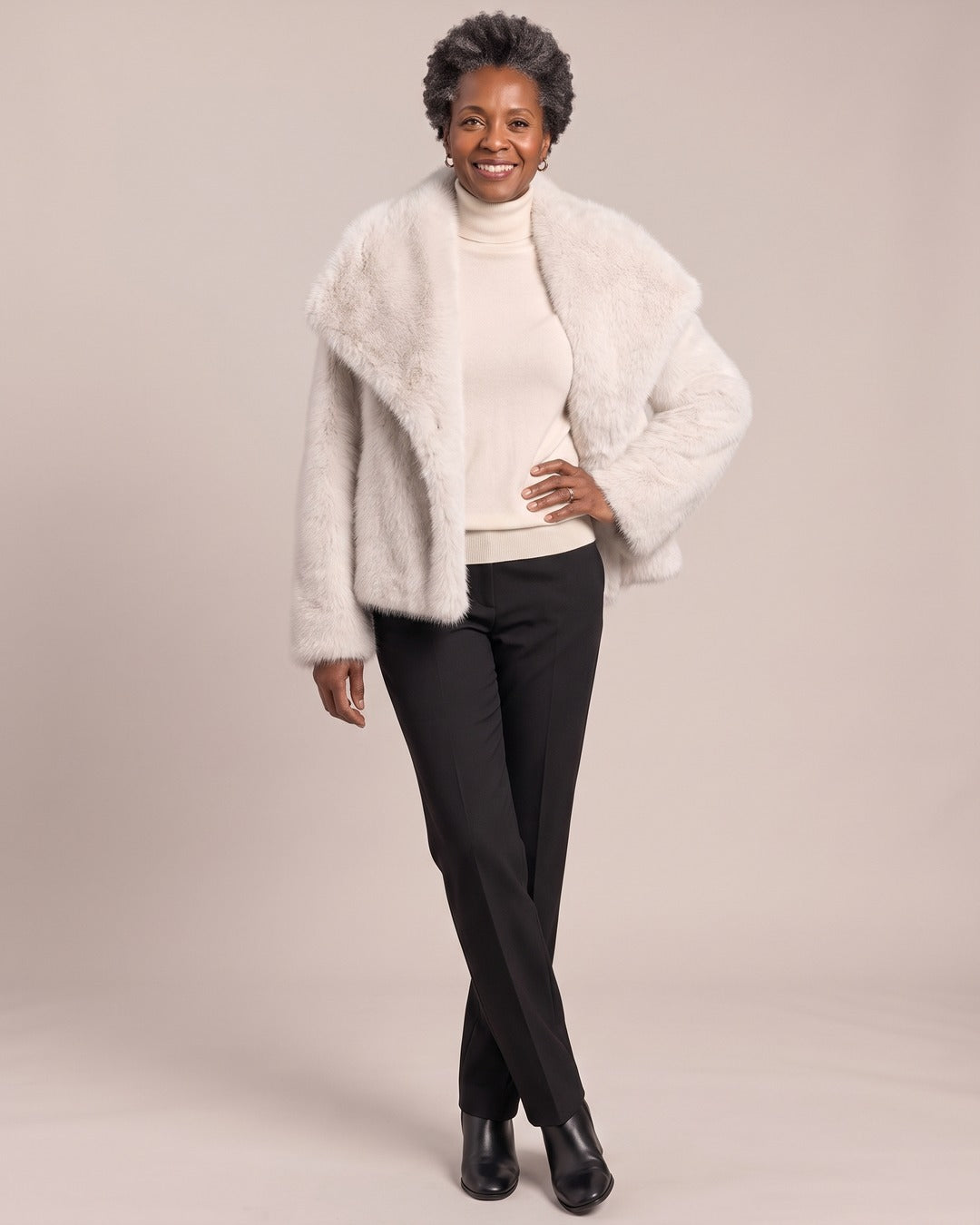 Faux Fur Jacket with Oversized Lapels worn by a model, Off-White