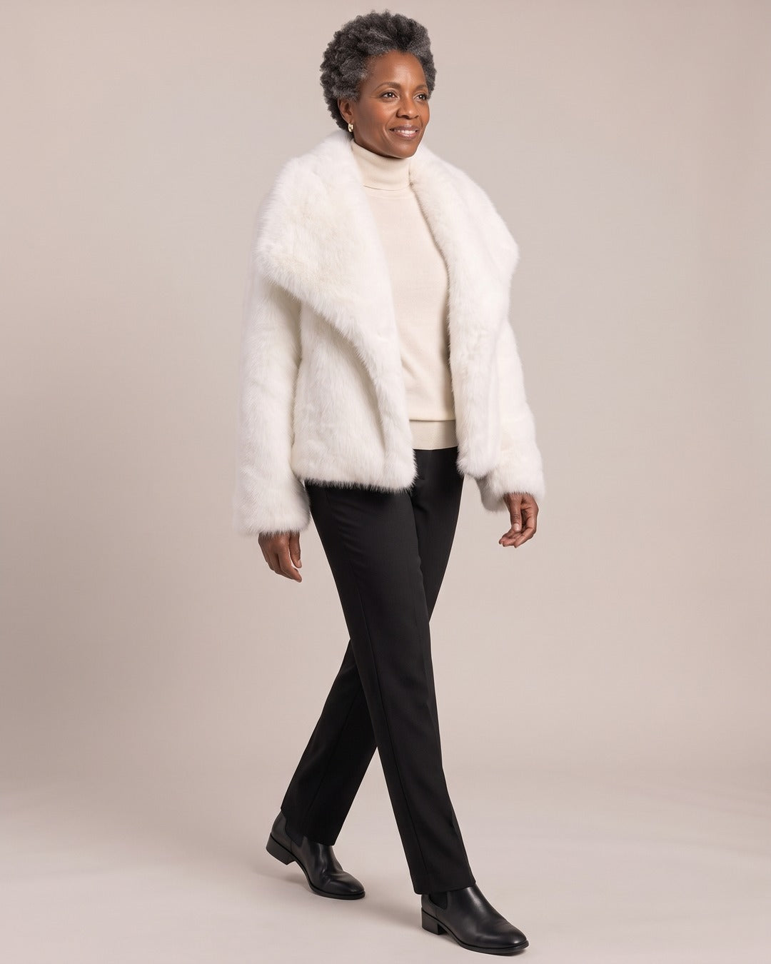 Faux Fur Jacket with Oversized Lapels worn by a model, White