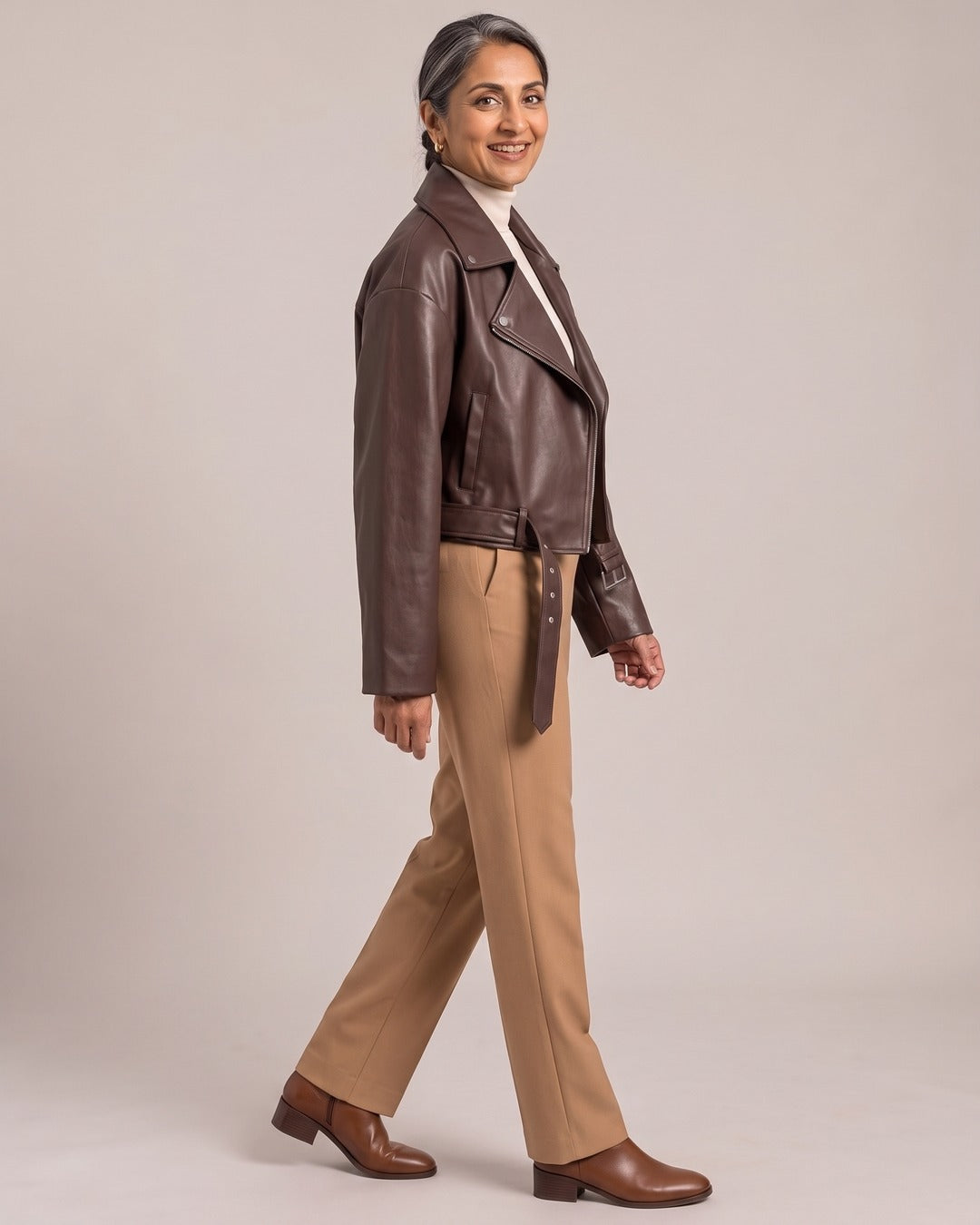 Belted Leather-Look Biker Jacket worn by a model, side view