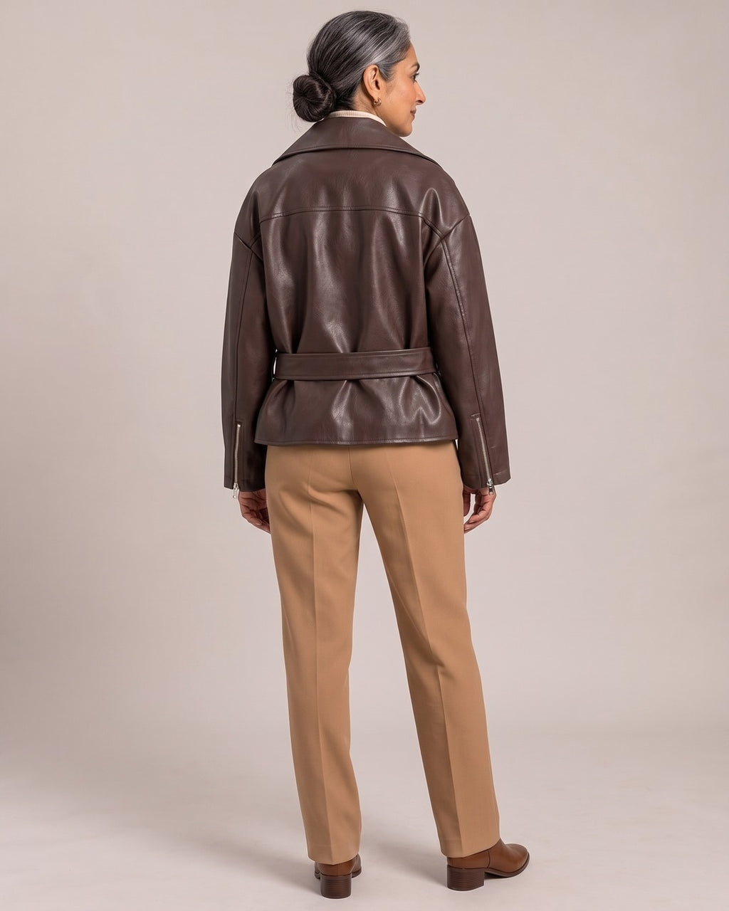 Belted Leather-Look Biker Jacket worn by a model, back view