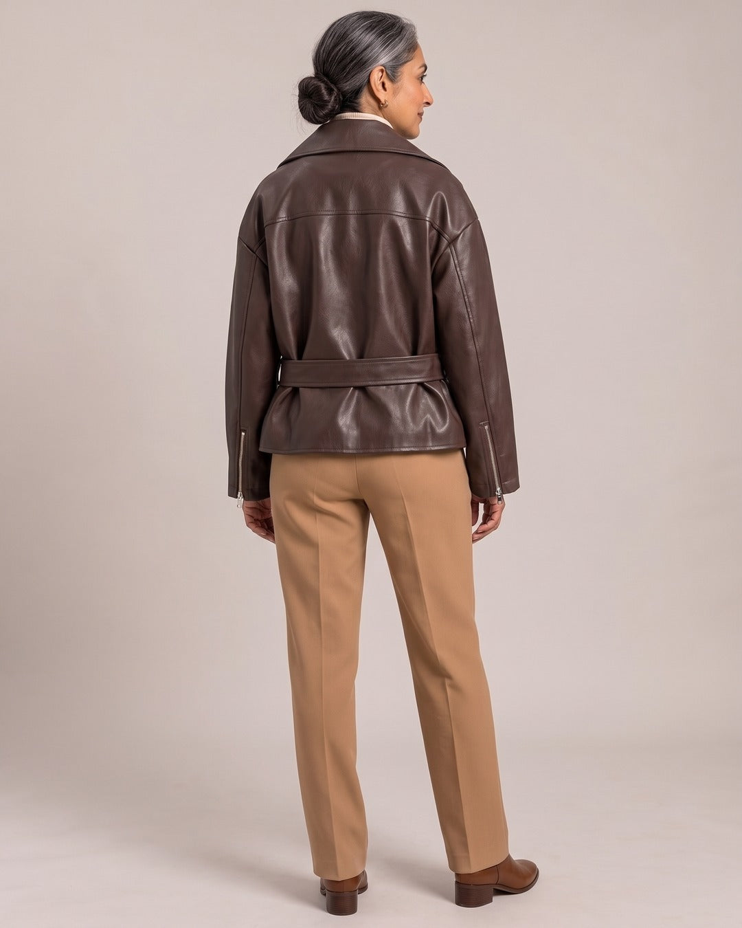 Belted Leather-Look Biker Jacket worn by a model, back view