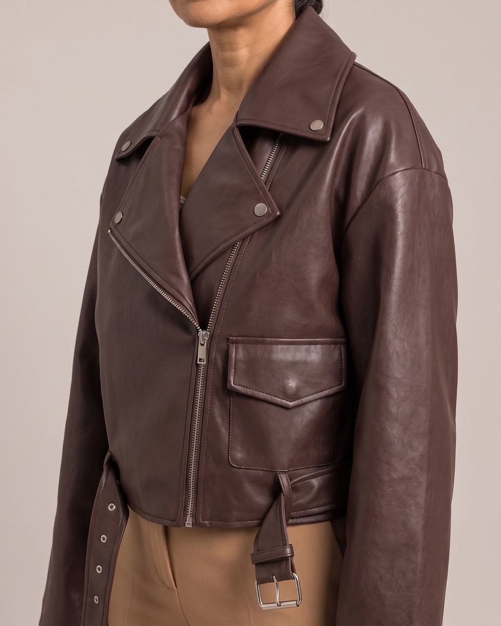 Belted Leather-Look Biker Jacket close-up detail