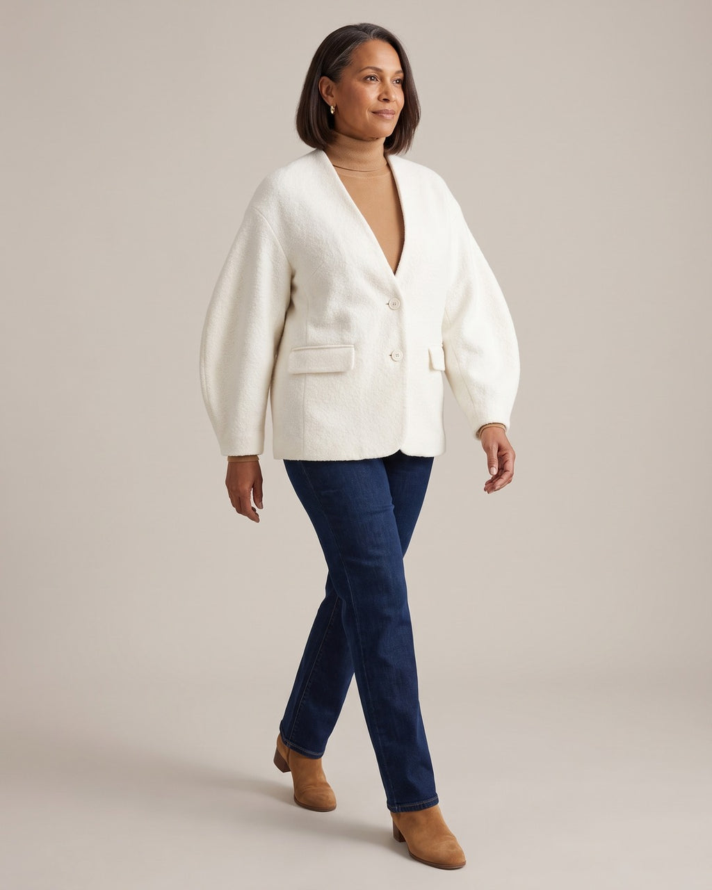 Bouclé-Effect Cocoon Jacket worn by a model