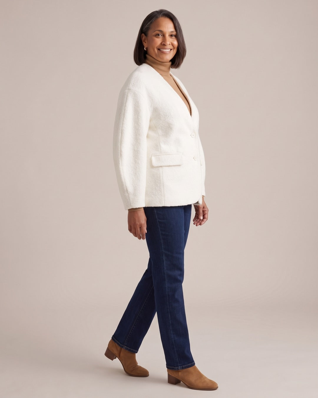 Bouclé-Effect Cocoon Jacket worn by a model, side view