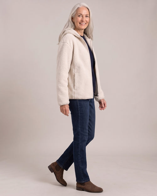 Hooded Teddy Zip Jacket worn by a model, side view