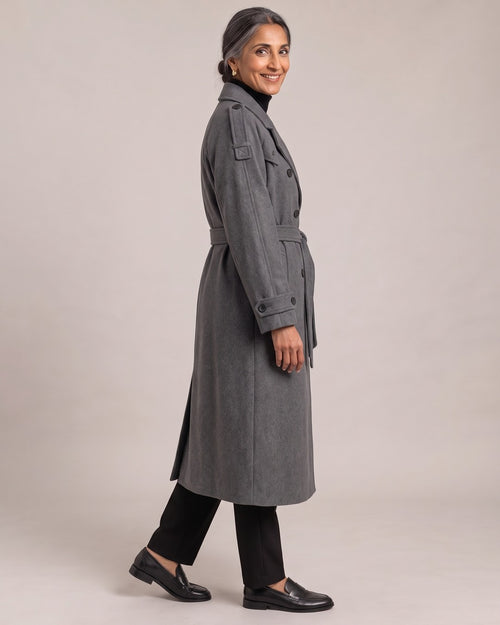 Belted Longline Wrap Coat worn by a model, side view
