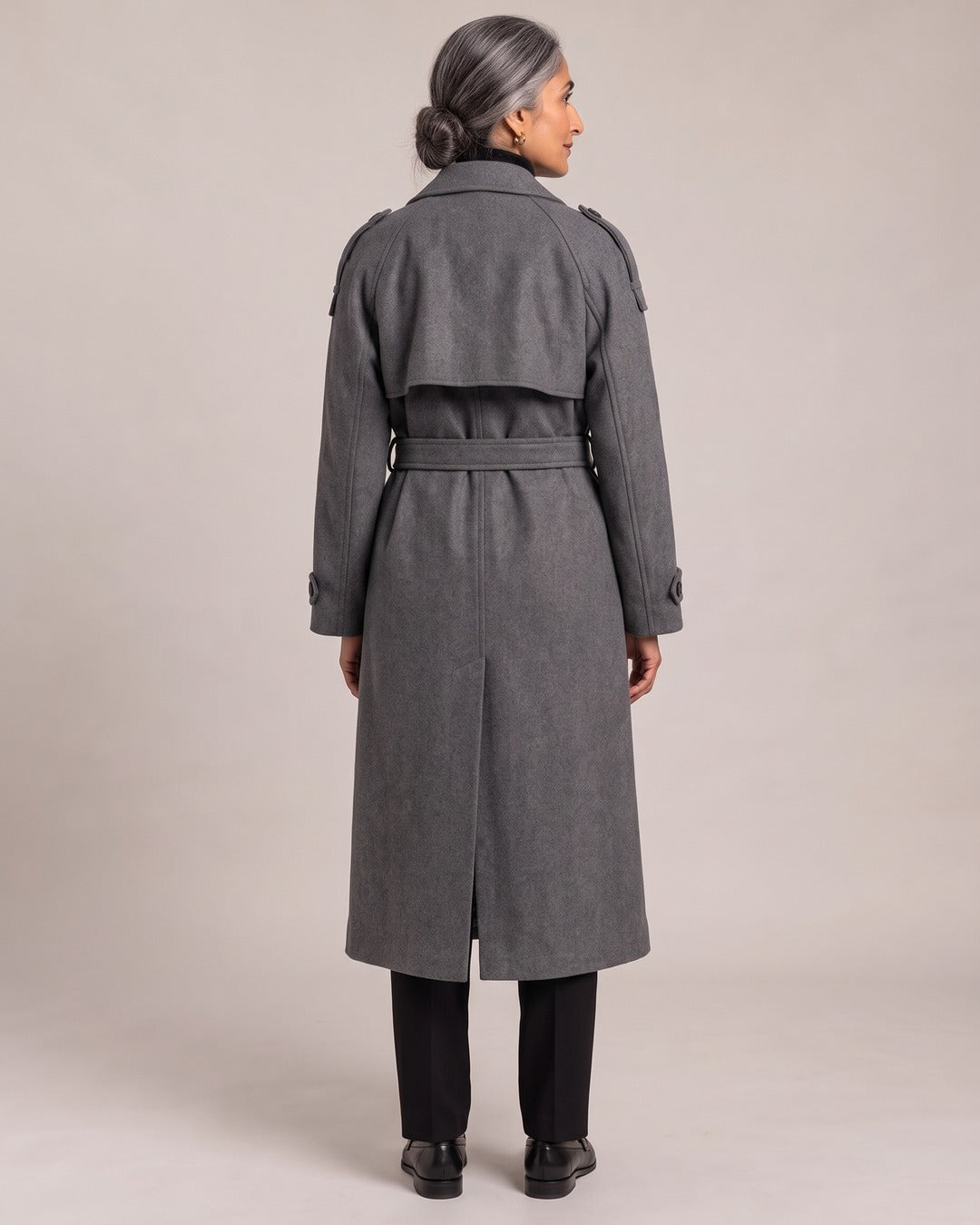 Belted Longline Wrap Coat worn by a model, back view