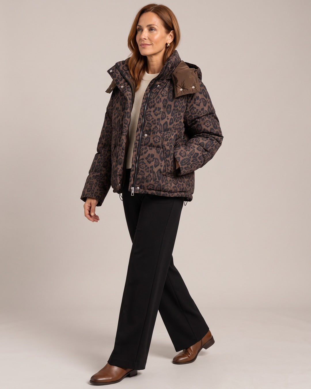 Leopard Quilted Puffer Jacket worn by a model