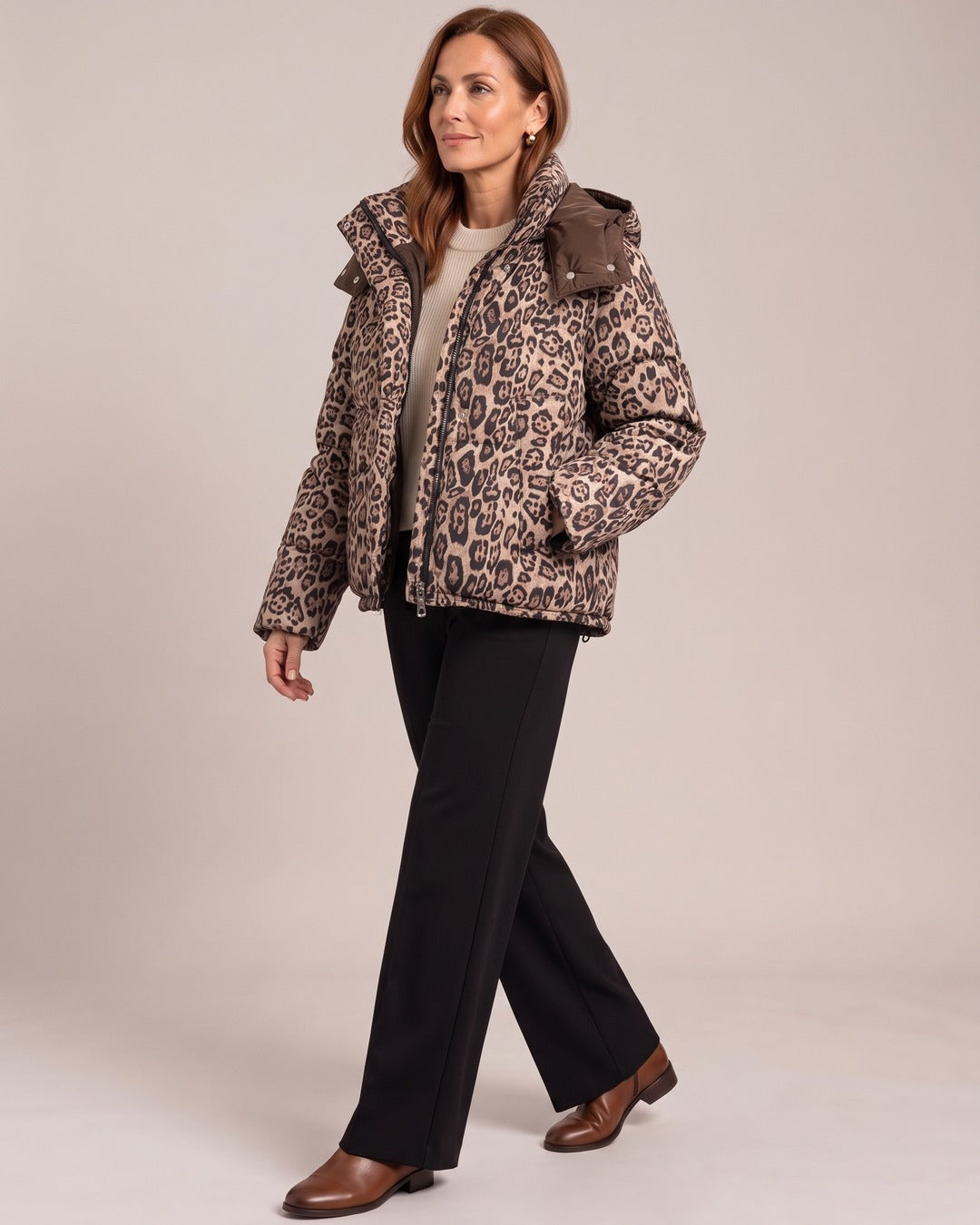 Leopard Quilted Puffer Jacket worn by a model, Pink Leopard