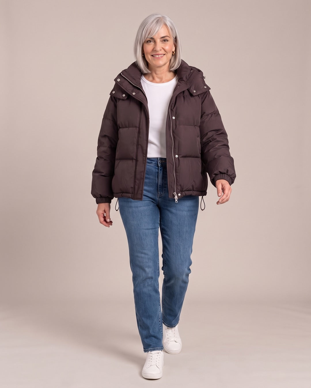 Warm Puffer Jacket worn by a model, Brown