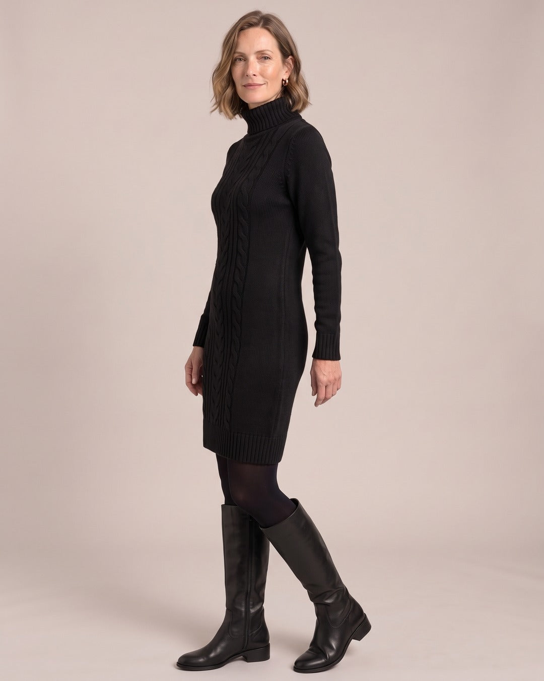 Roll-Neck Jumper Dress worn by a model, side view, Black