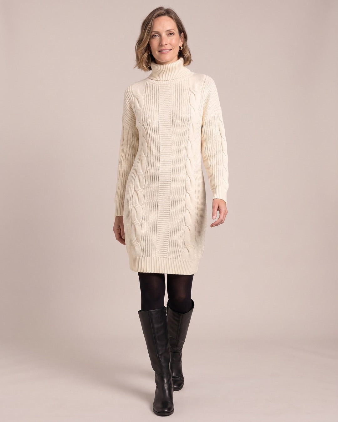 Roll-Neck Jumper Dress worn by a model, Apricot