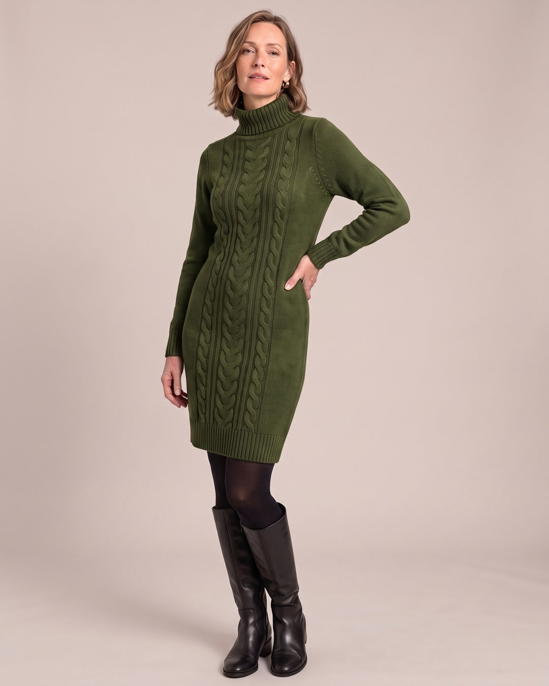 Roll-Neck Jumper Dress worn by a model, Army Green