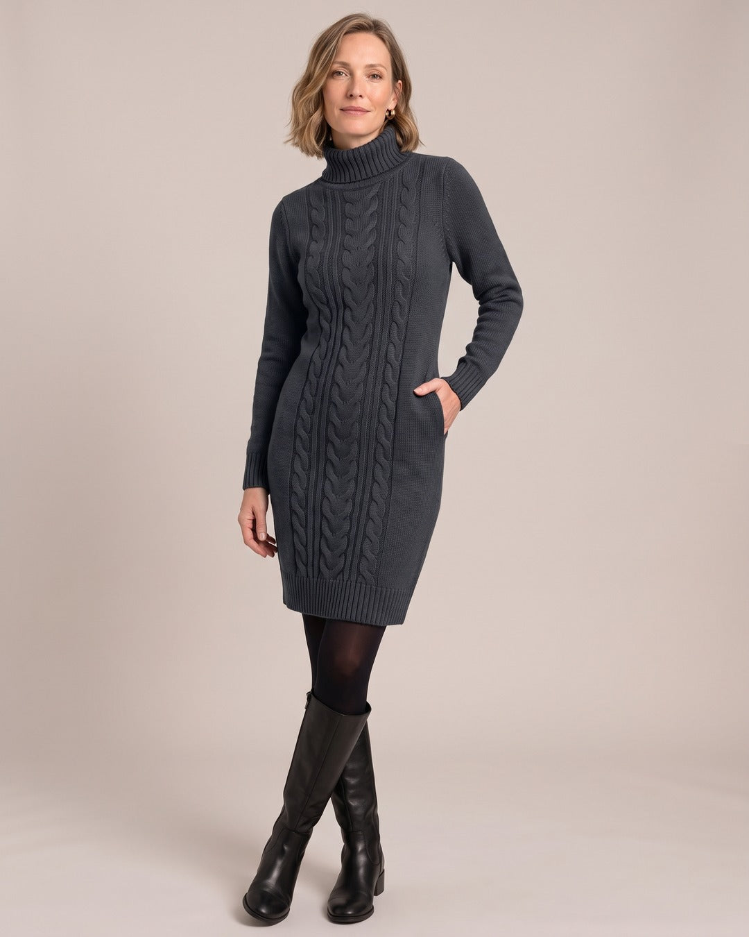 Roll-Neck Jumper Dress worn by a model, Charcoal