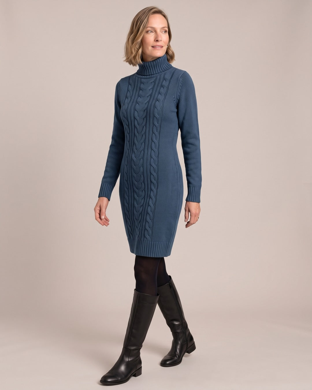 Roll-Neck Jumper Dress worn by a model, Sea Blue