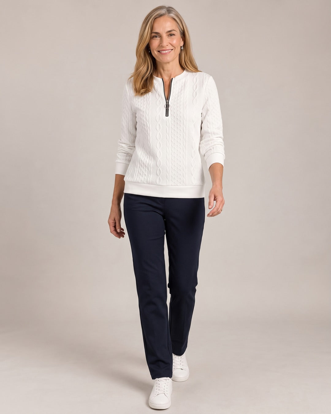 Cable-Embossed Half-Zip Sweatshirt worn by a model