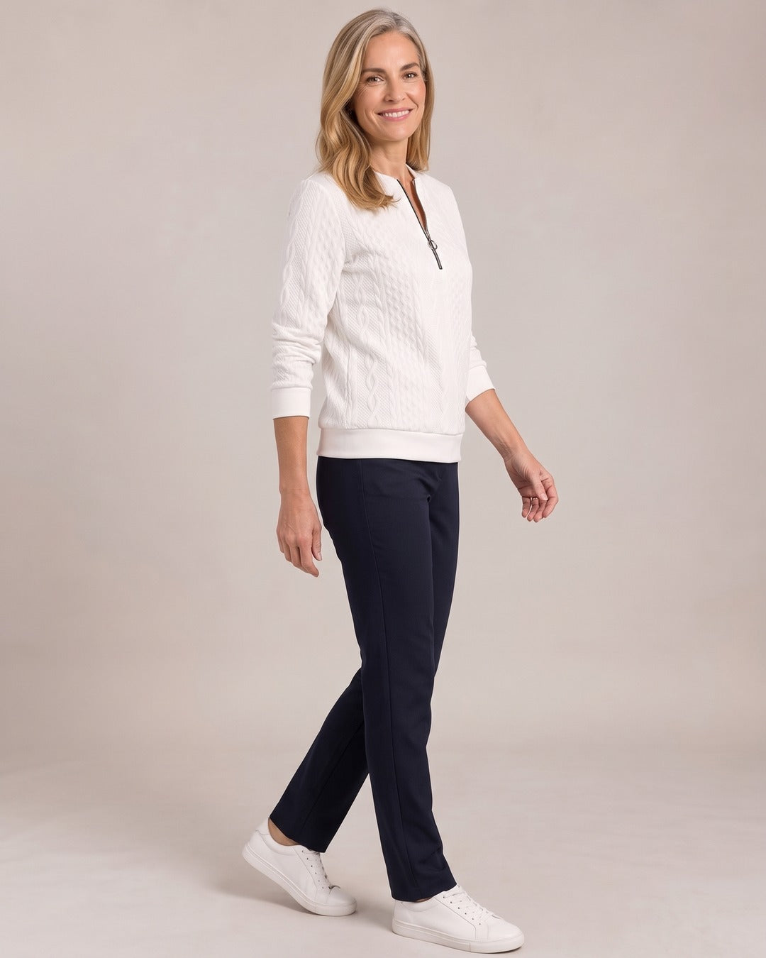 Cable-Embossed Half-Zip Sweatshirt worn by a model, side view
