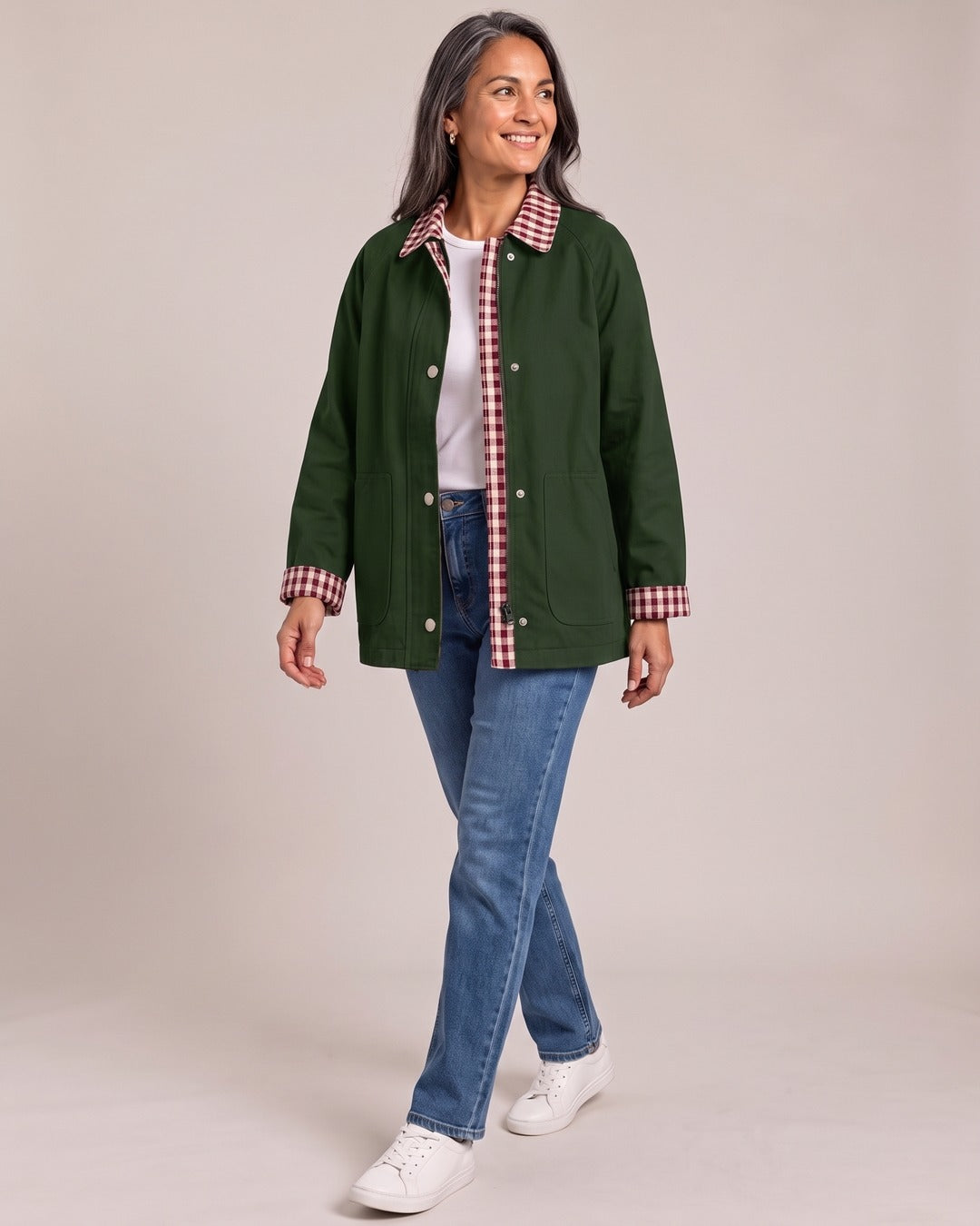 Check-Collar Barn Jacket worn by a model, Green