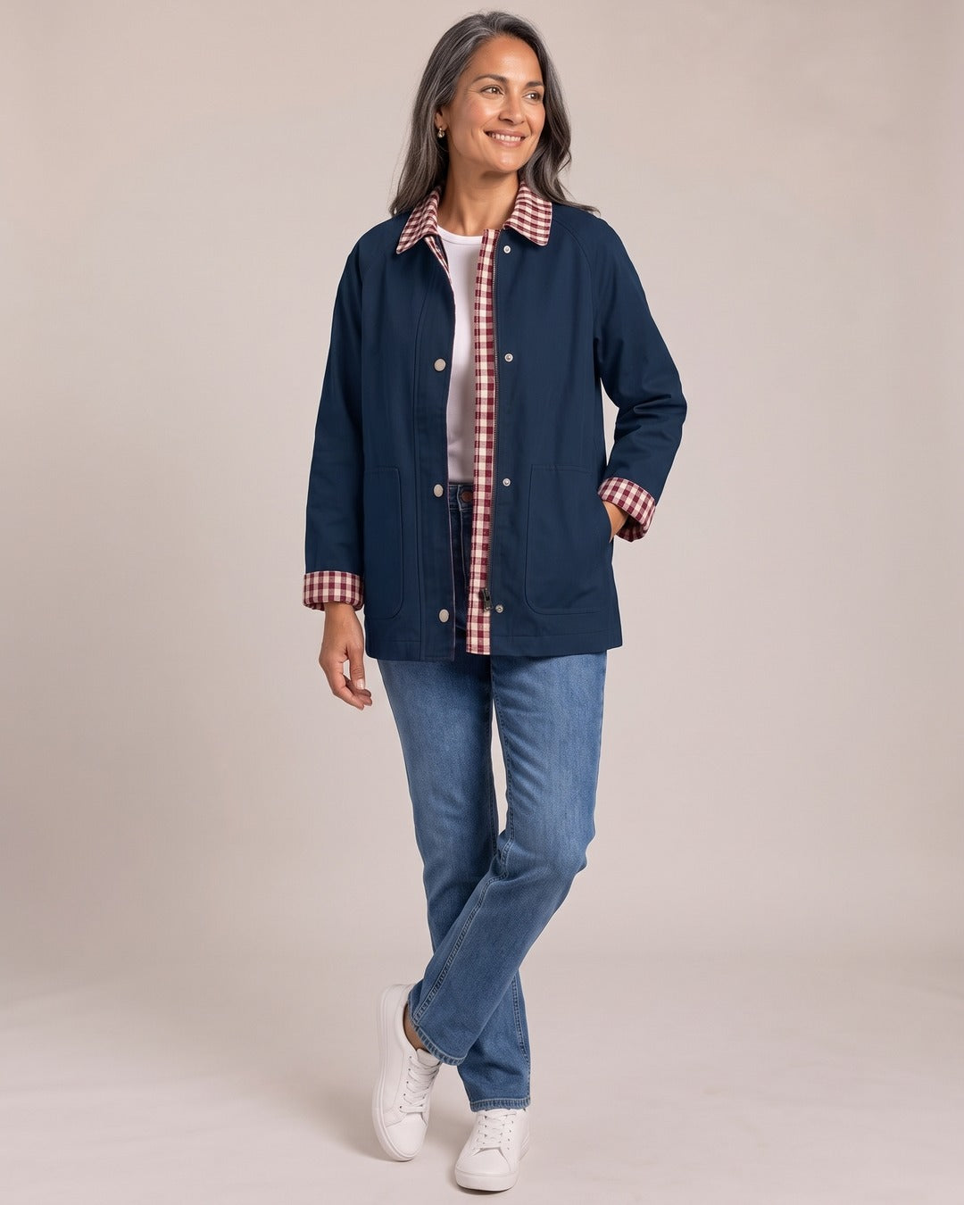 Check-Collar Barn Jacket worn by a model, Navy