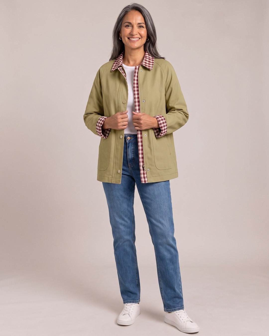 Check-Collar Barn Jacket worn by a model, Olive