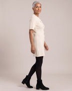 Knit Button-Front Mini Dress worn by a model, side view