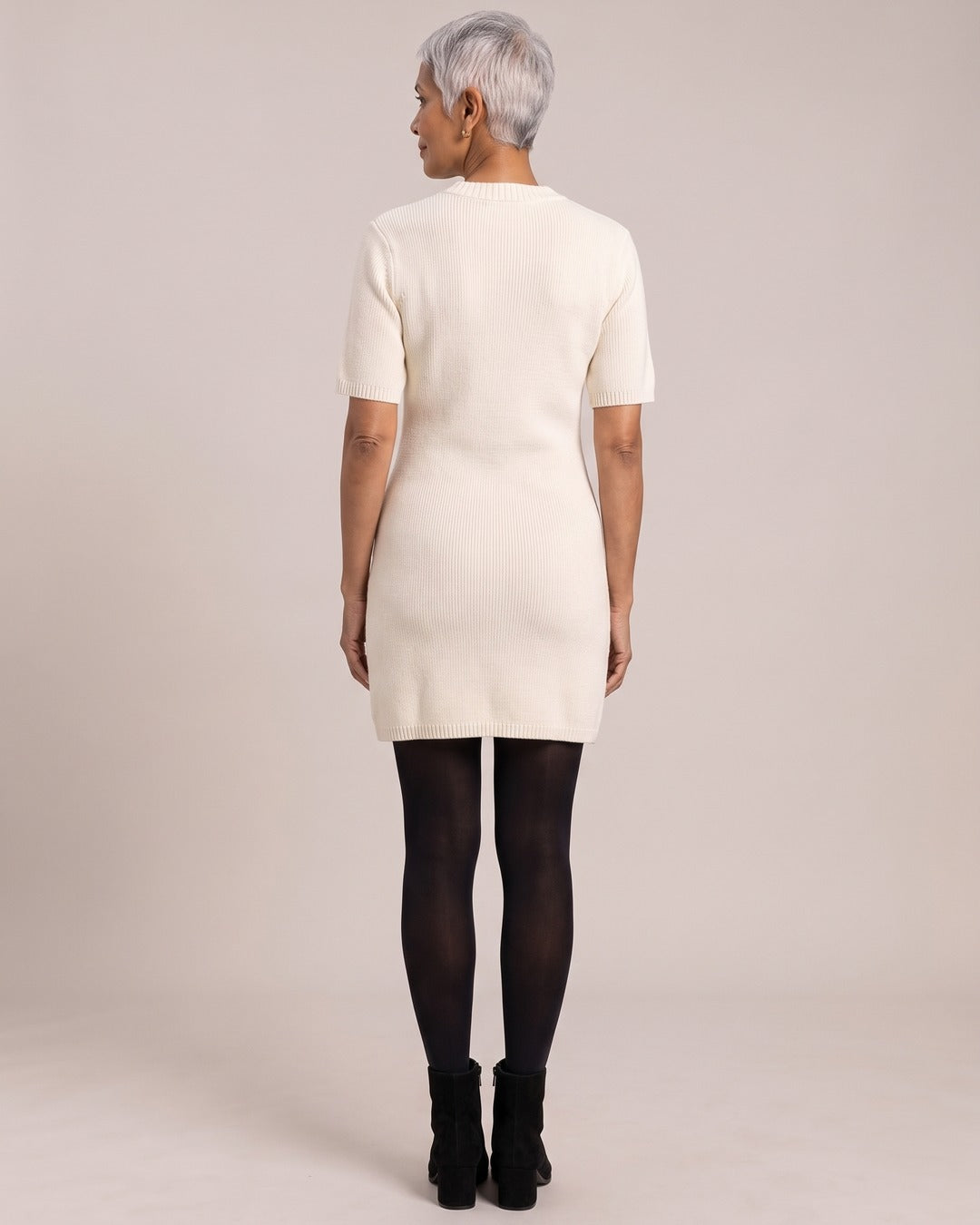 Knit Button-Front Mini Dress worn by a model, back view