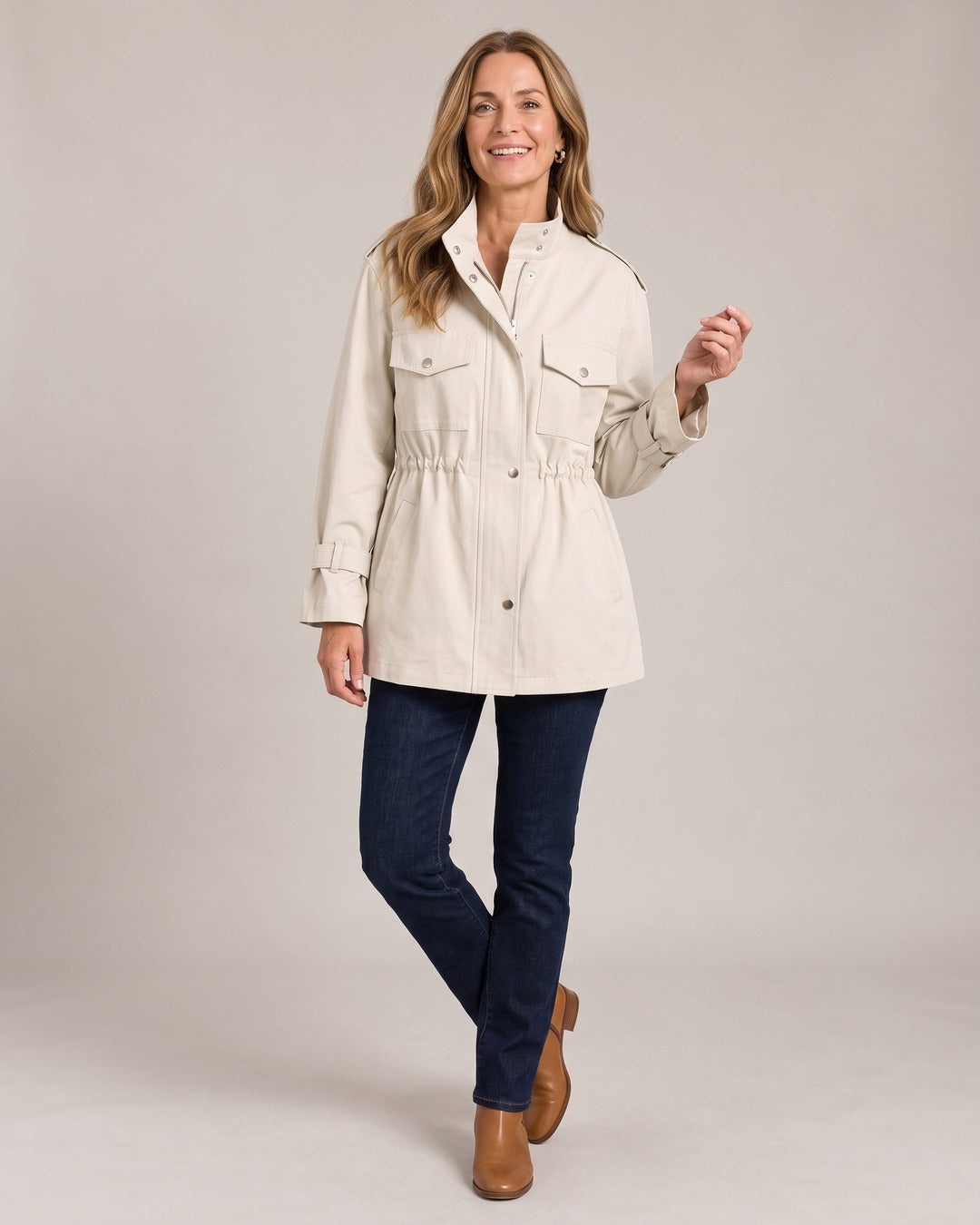 Drawstring-Waist Utility Jacket worn by a model