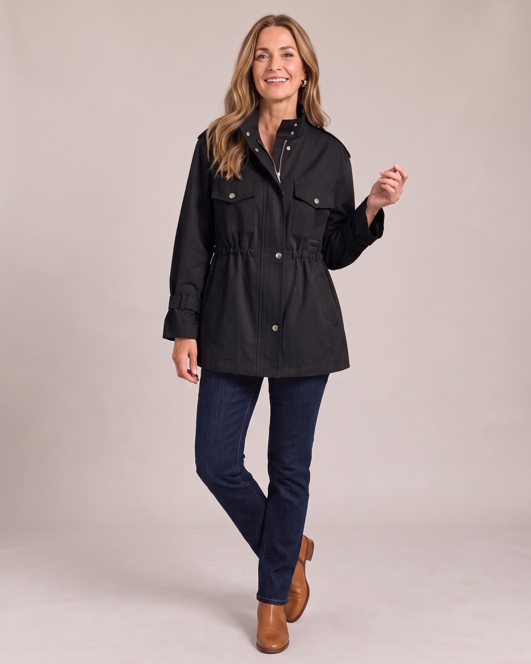 Drawstring-Waist Utility Jacket worn by a model, Black