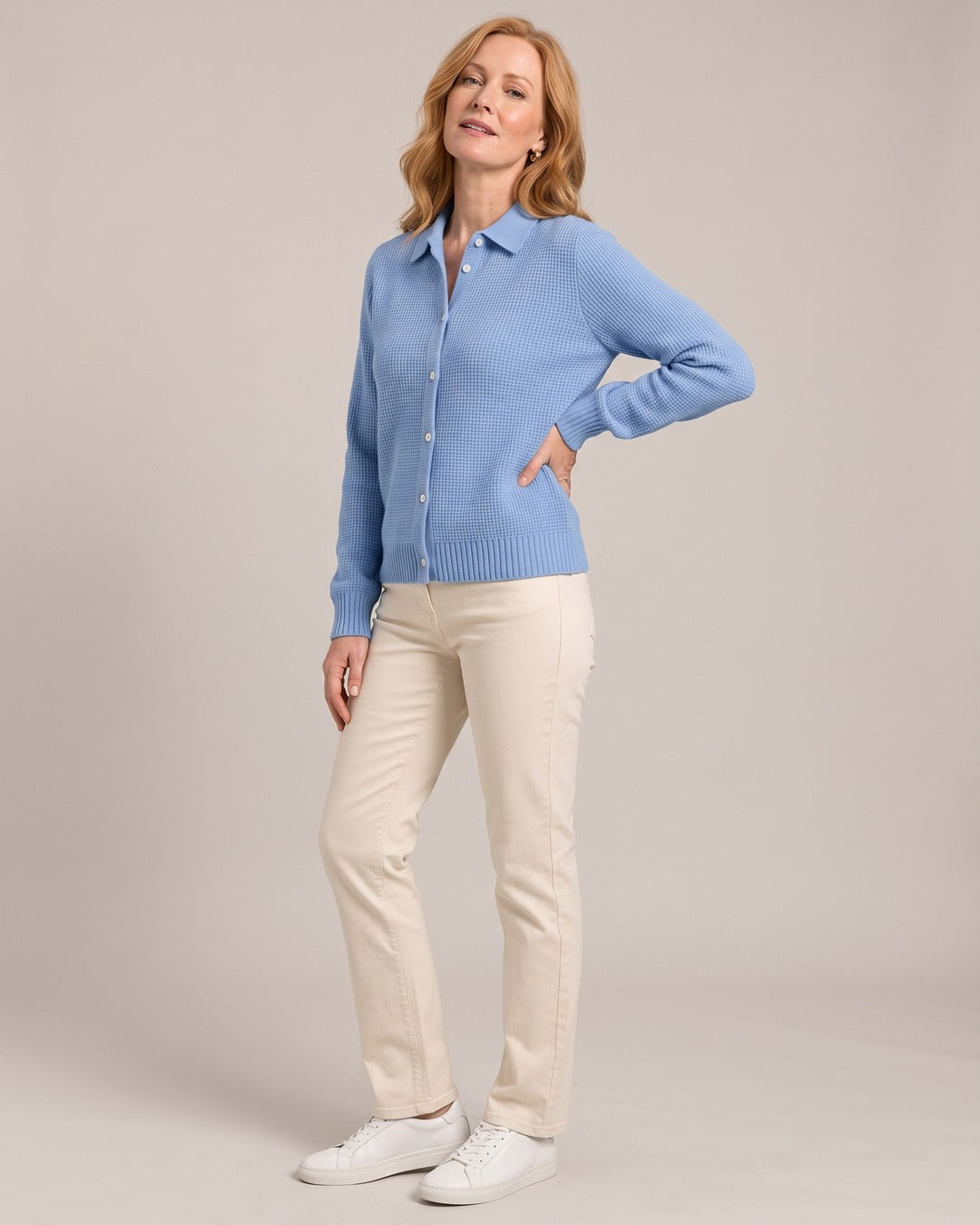 Collared Button Cardigan worn by a model