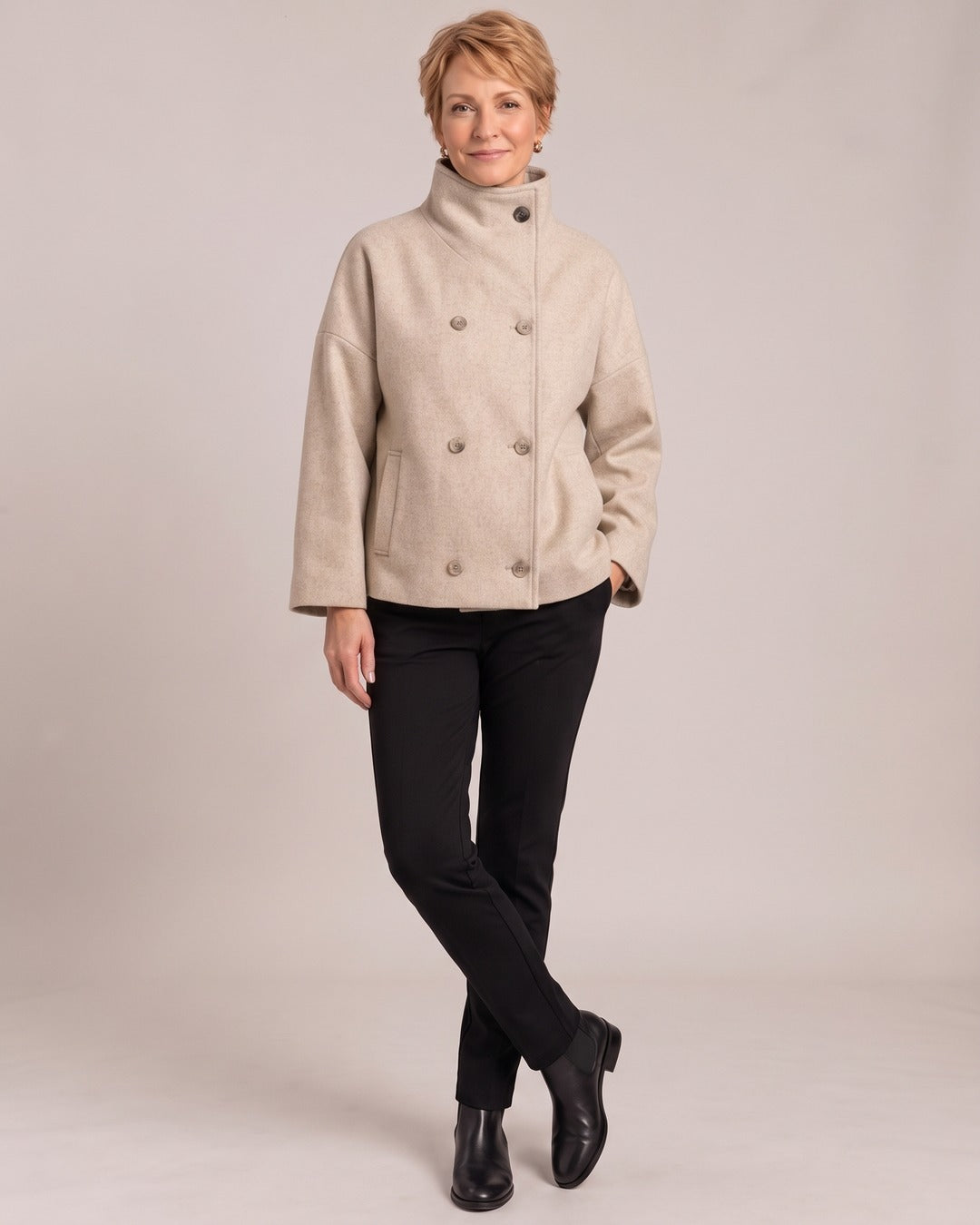 Funnel Neck Jacket worn by a model, Beige