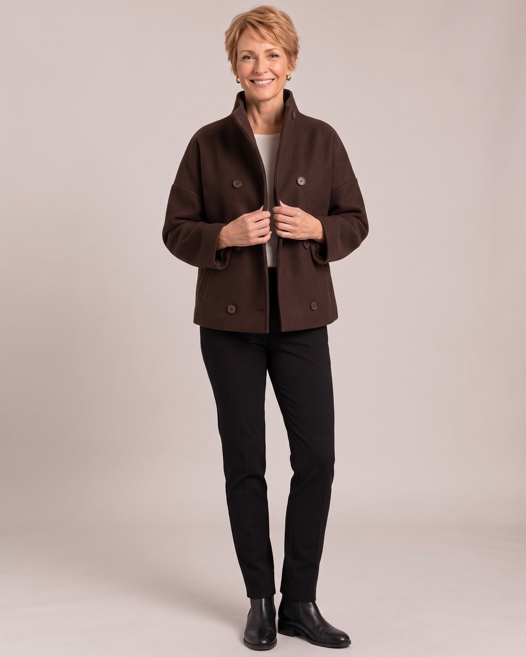 Funnel Neck Jacket worn by a model, Brown