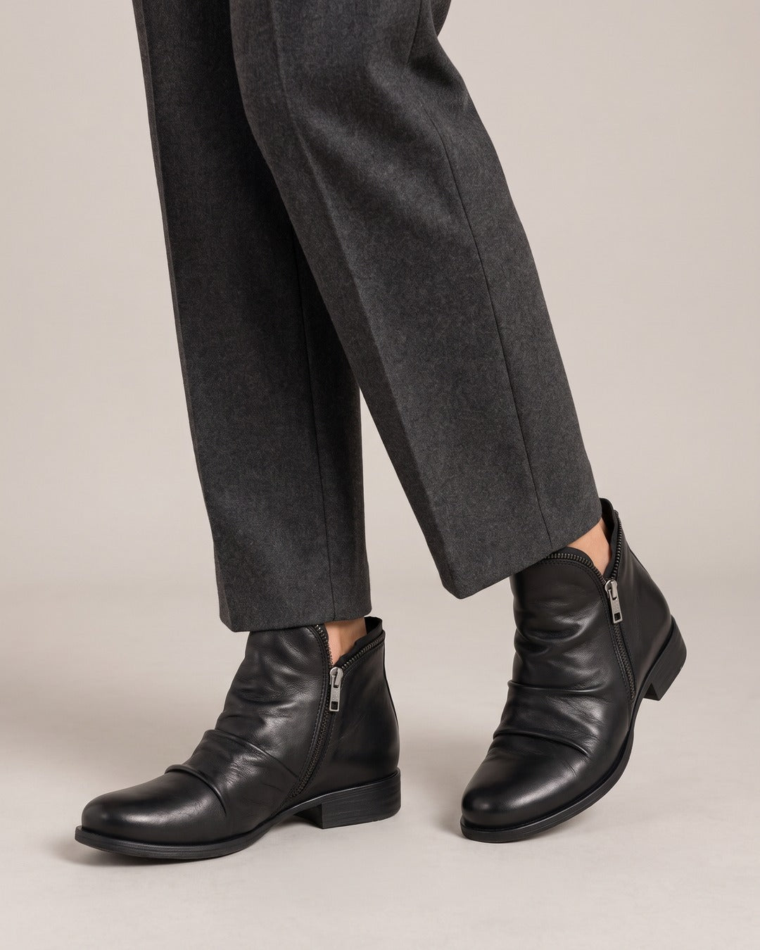 Ruched Side-Zip Ankle Boot in Black, worn