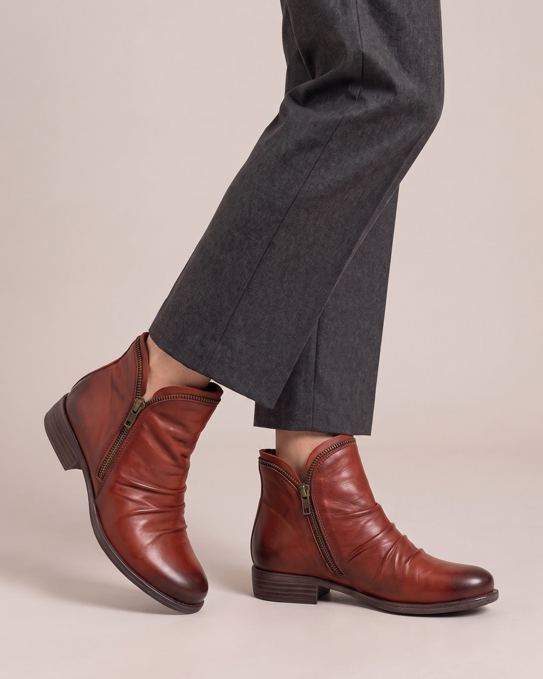 Ruched Side-Zip Ankle Boot in Burgundy, worn