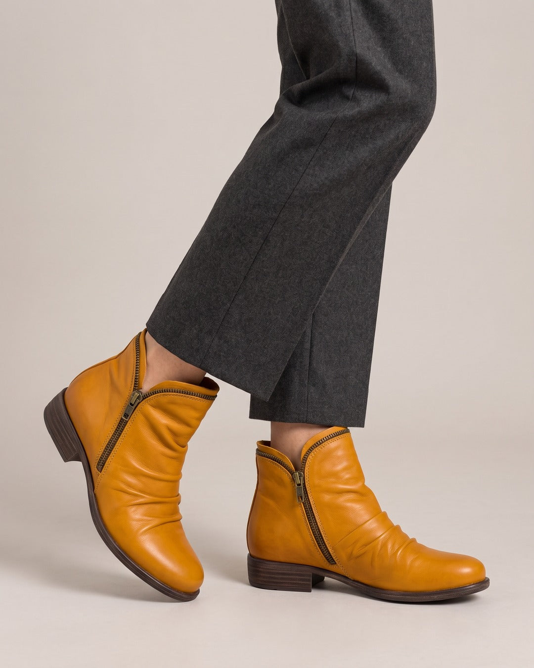 Ruched Side-Zip Ankle Boot in Mustard, worn