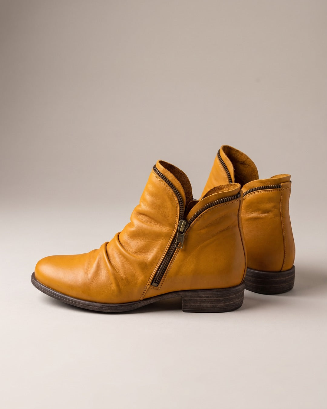 Ruched Side-Zip Ankle Boot in Mustard, product photo