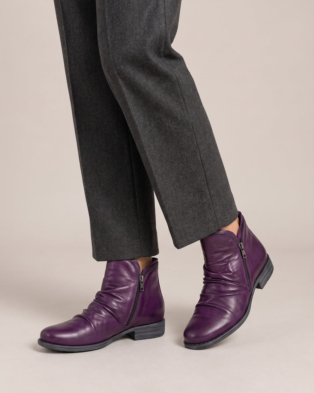 Ruched Side-Zip Ankle Boot in Purple, worn
