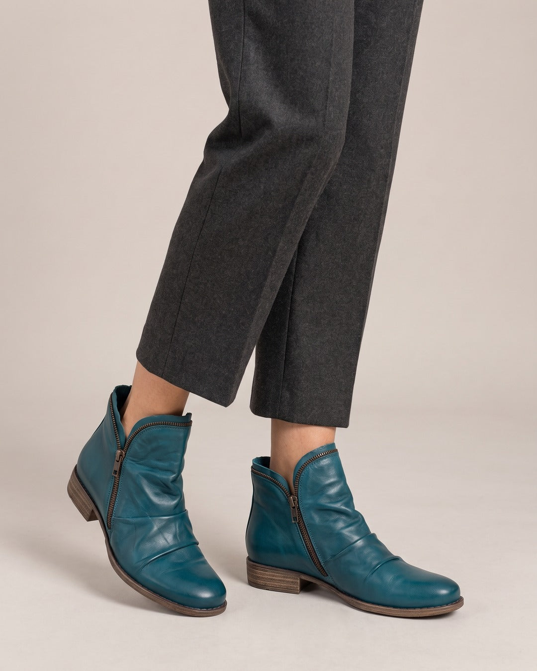Ruched Side-Zip Ankle Boot in Teal, worn