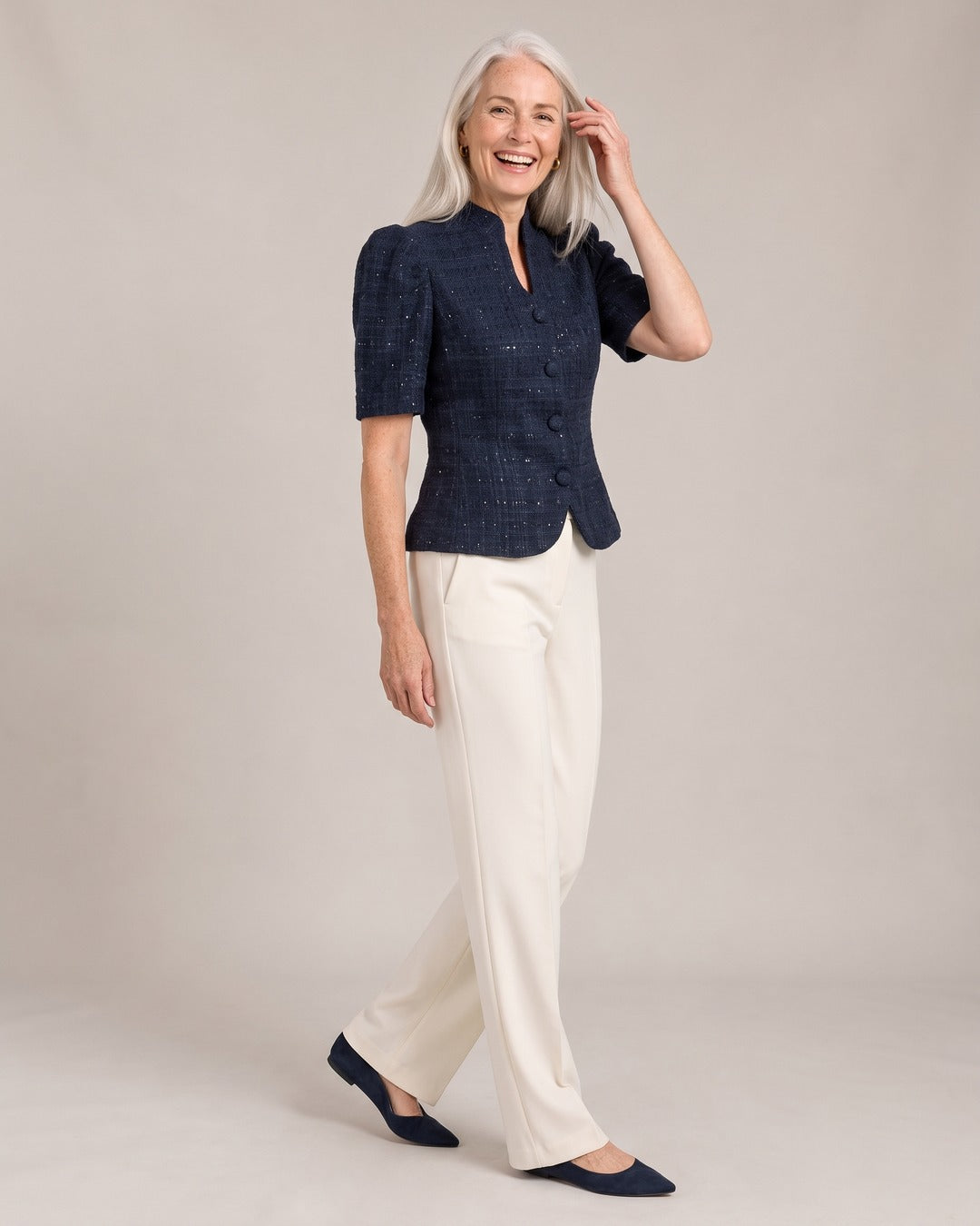 Short-Sleeve Tweed-Effect Jacket worn by a model