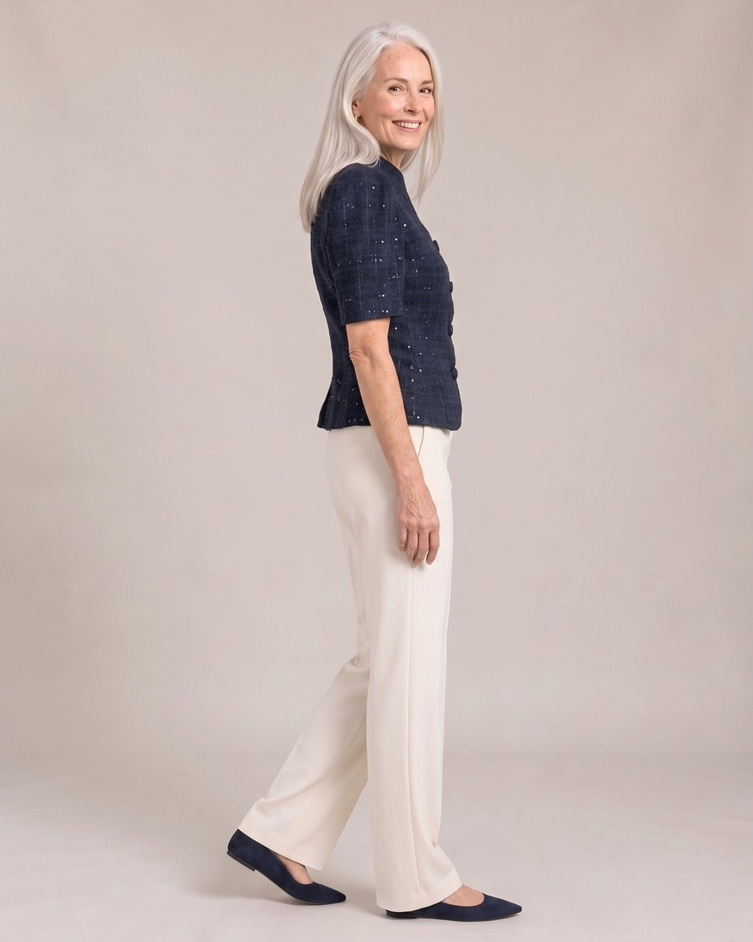 Short-Sleeve Tweed-Effect Jacket worn by a model, side view