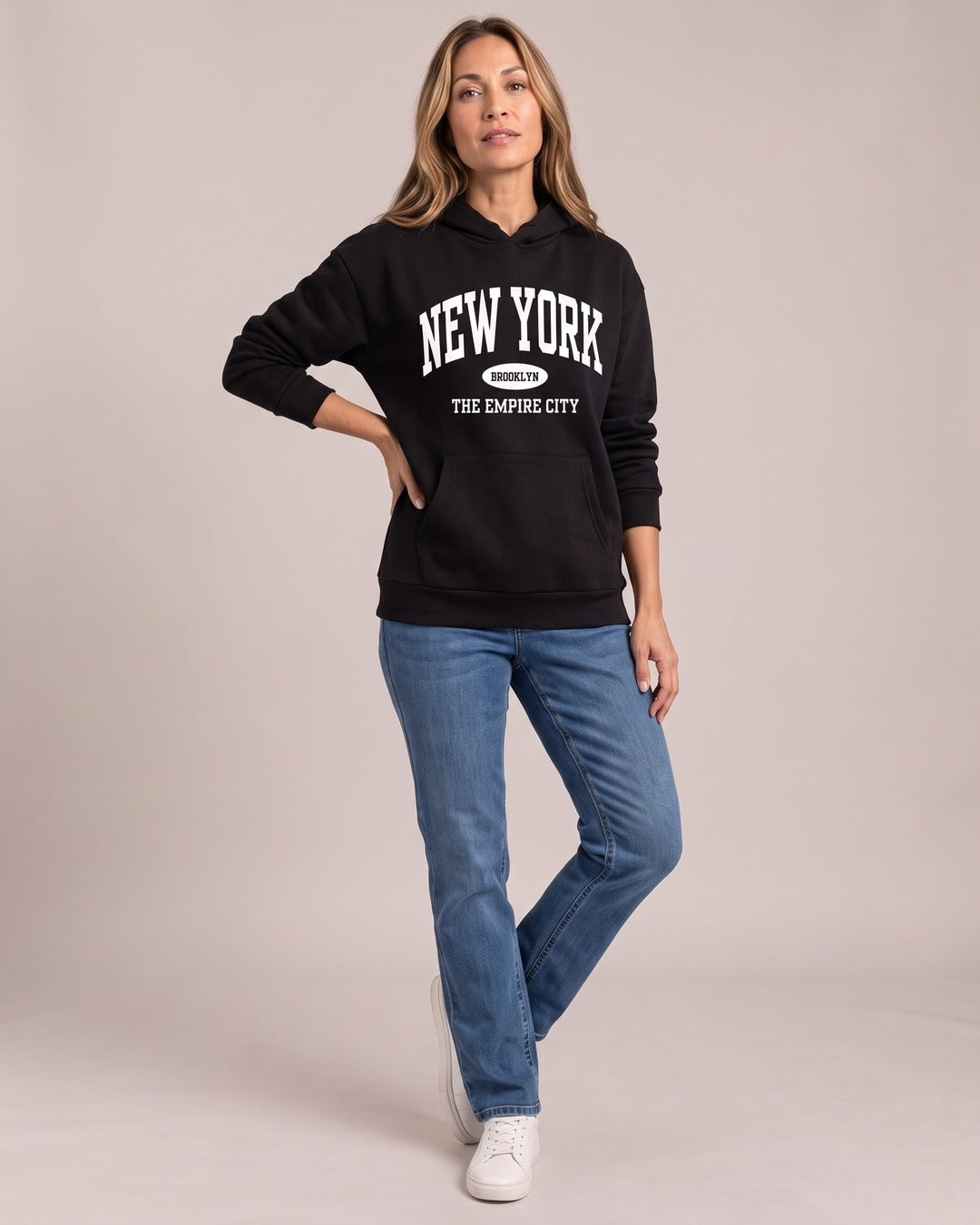 New York Hoodie worn by a model, Black