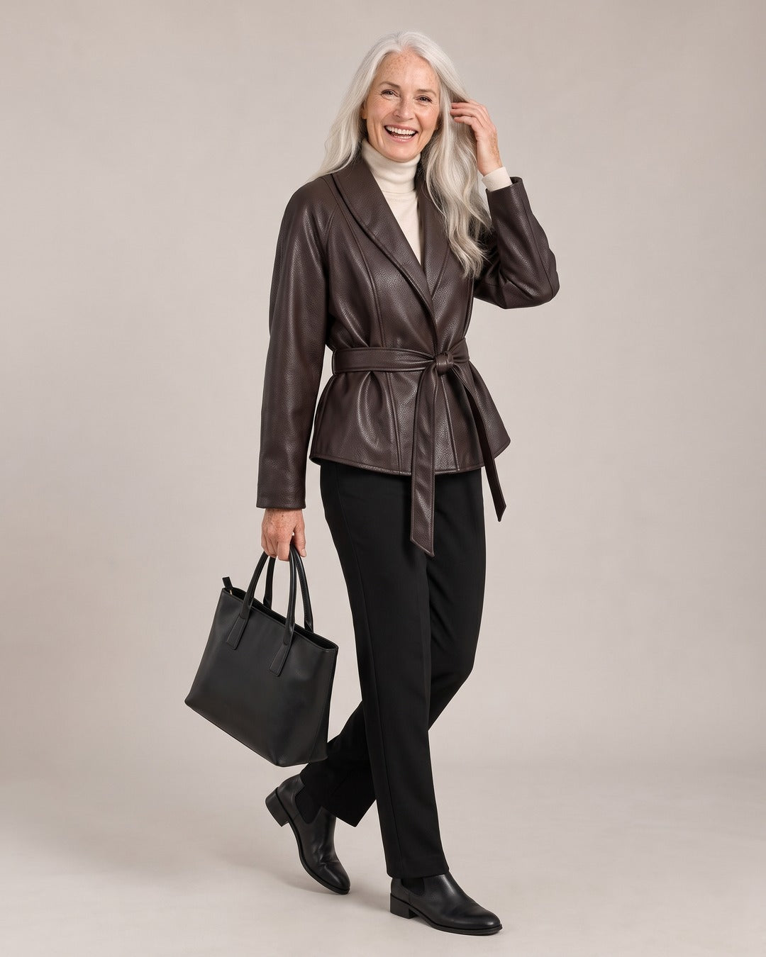Leather-Look Tie-Waist Jacket worn by a model