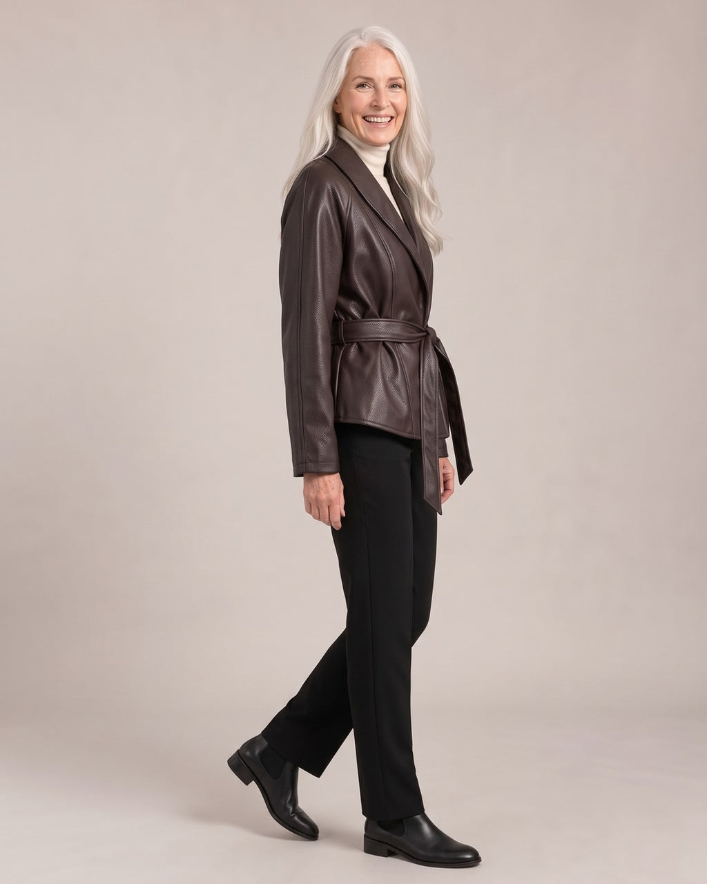 Leather-Look Tie-Waist Jacket worn by a model, side view