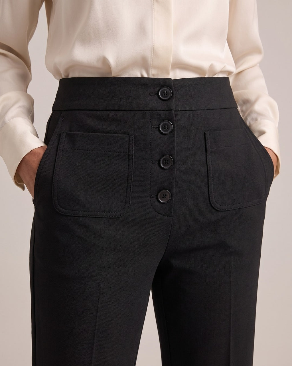 High-Waist Button-Front Straight Trousers close-up detail