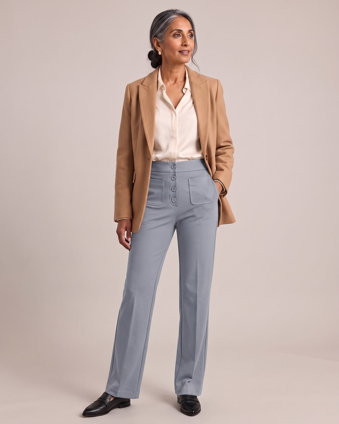 High-Waist Button-Front Straight Trousers worn by a model, Light Grey