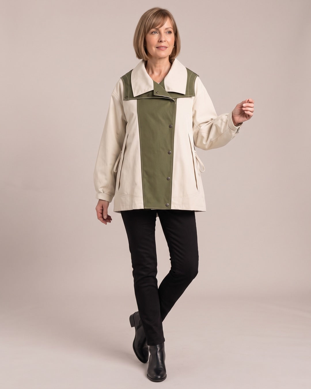 Two-Tone Layered Jacket worn by a model, Cream & Olive