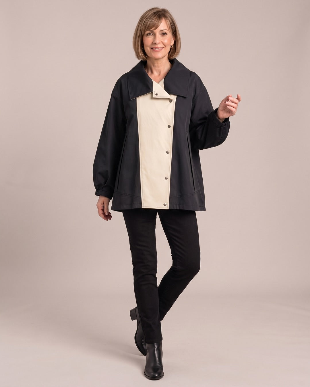 Two-Tone Layered Jacket worn by a model, Navy & Cream