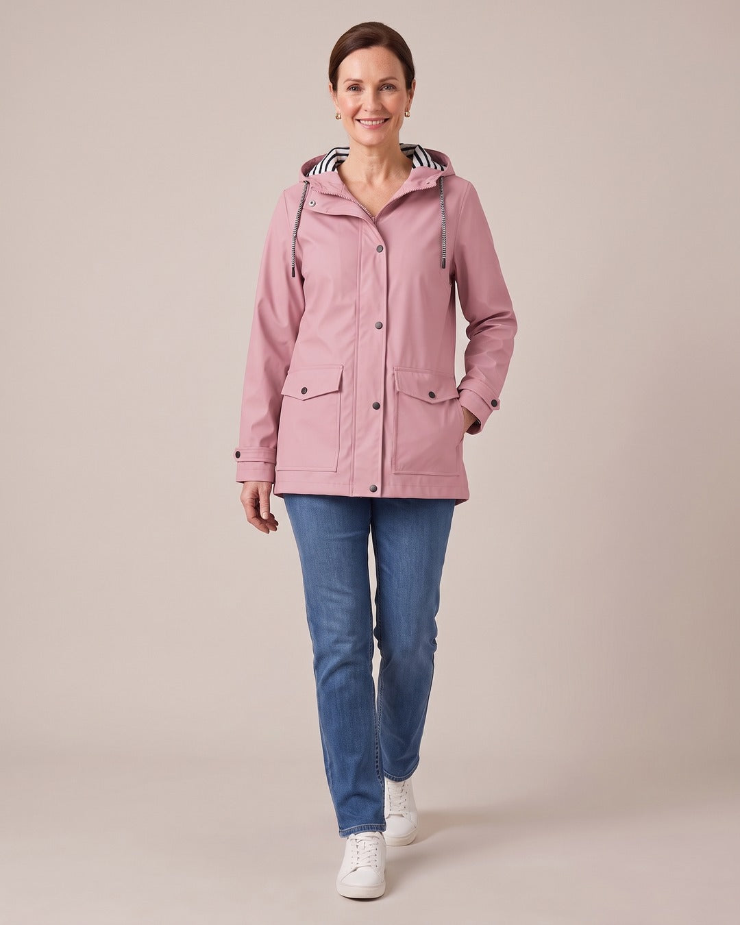Hooded Trench Coat worn by a model, Pink