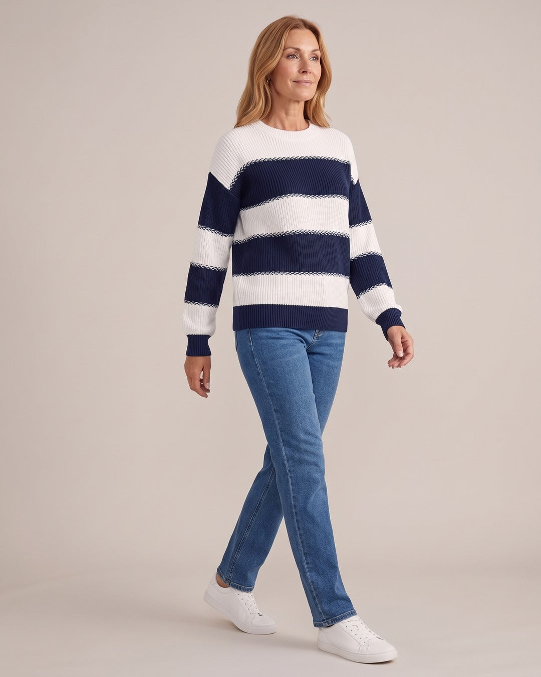 Crew-Neck Jumper worn by a model, Blue & White