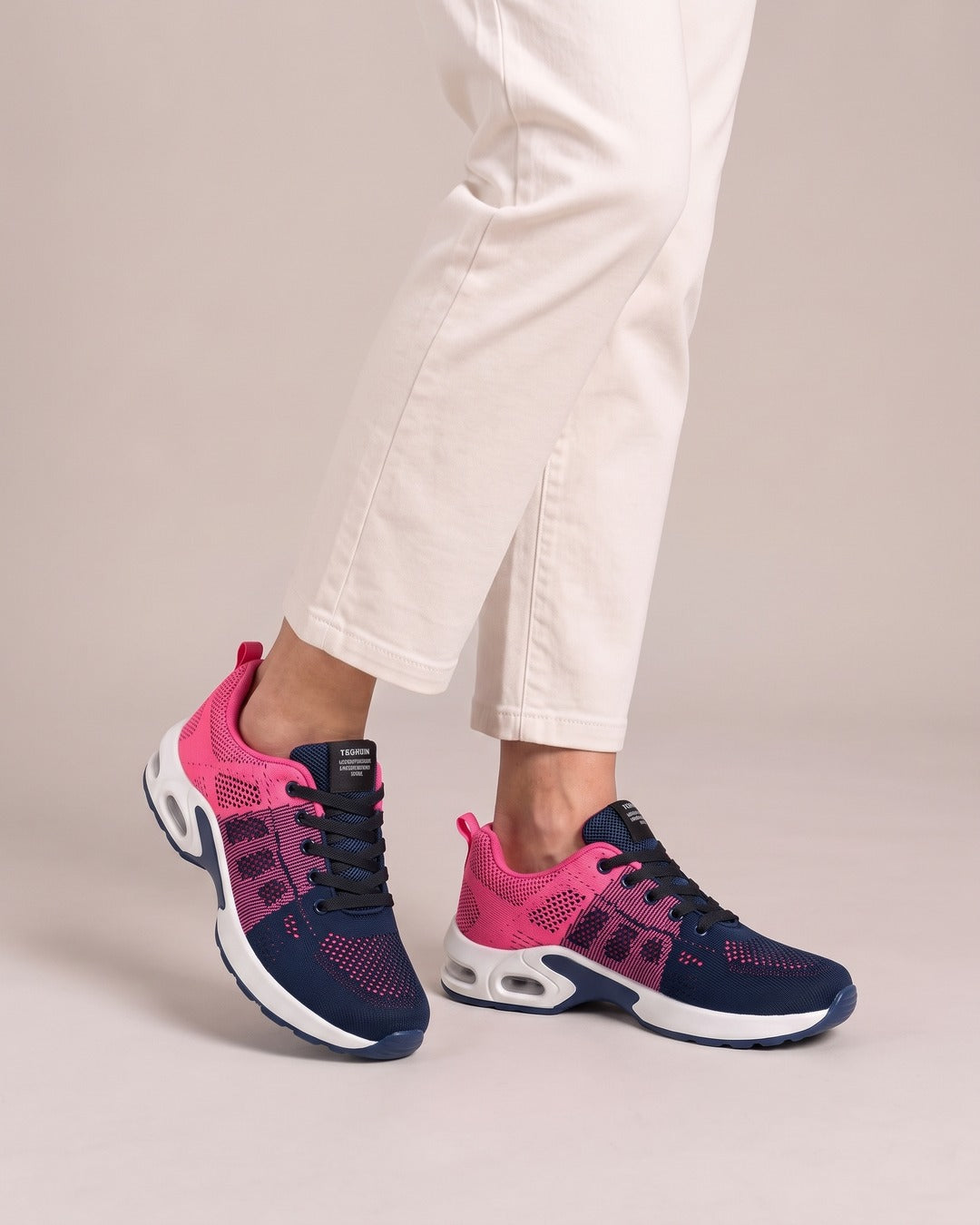 Breathable Mesh Comfort Trainer in Blue Pink, worn