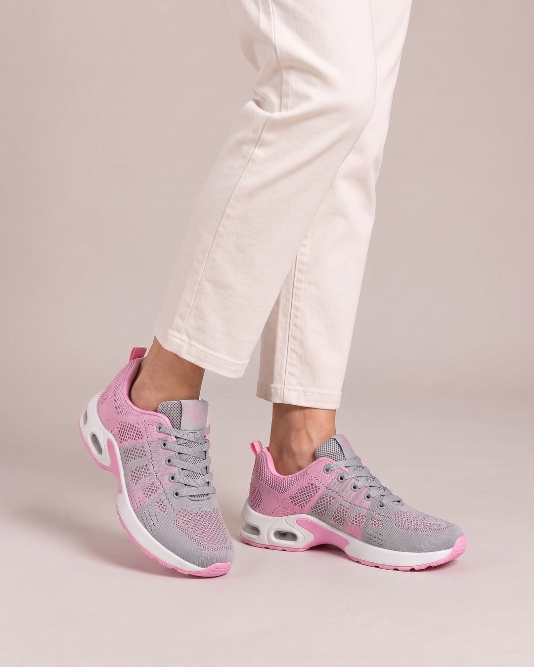 Breathable Mesh Comfort Trainer in Grey Pink, worn